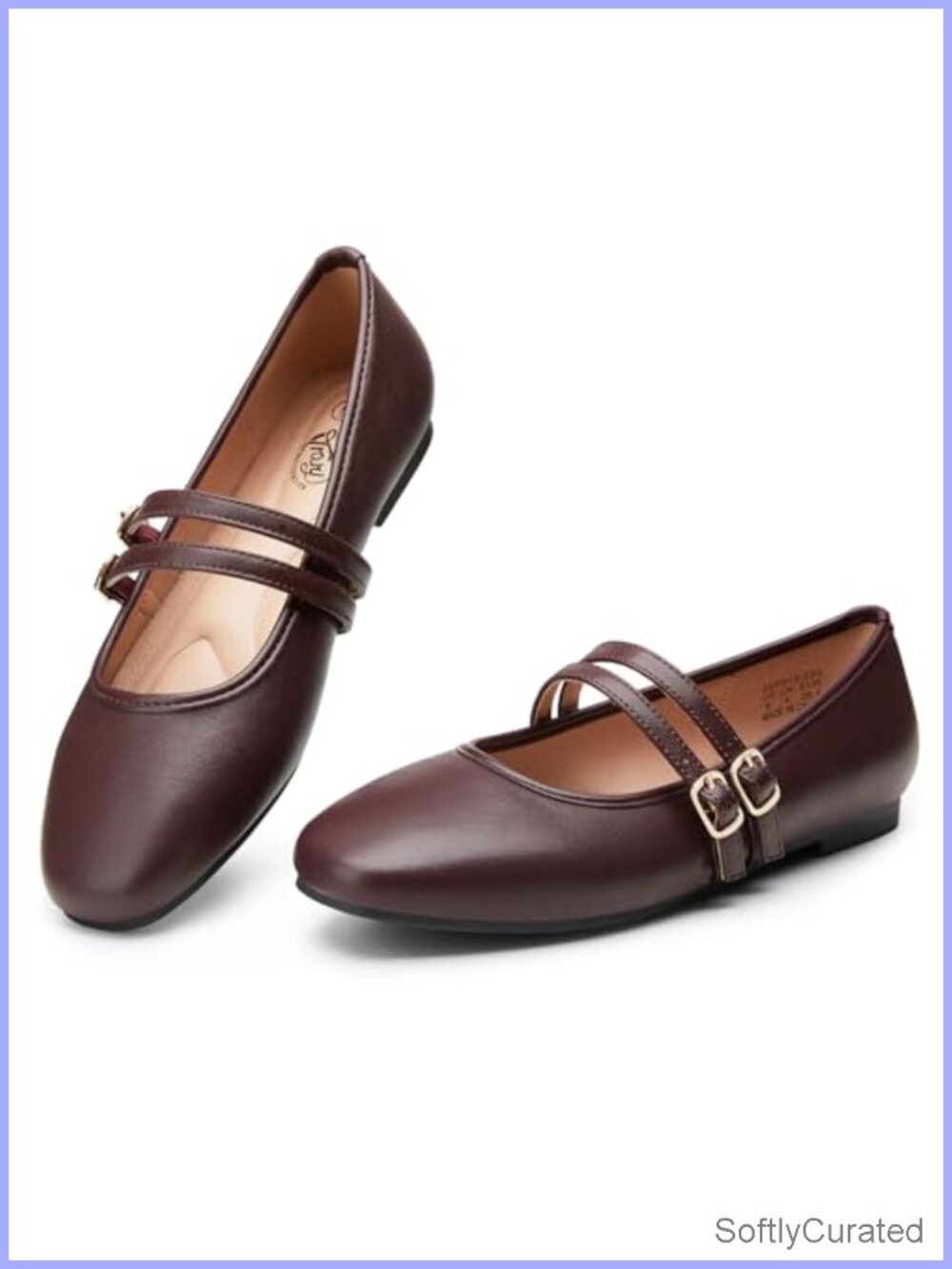 Mary Jane Flats Square Toe PU Leather Buckle Strap Slip On Women